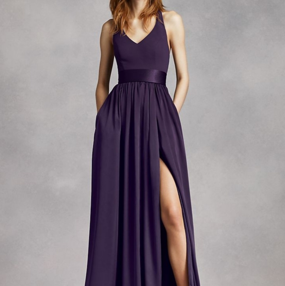 Vera Wang V Neck Halter Gown with Sash
